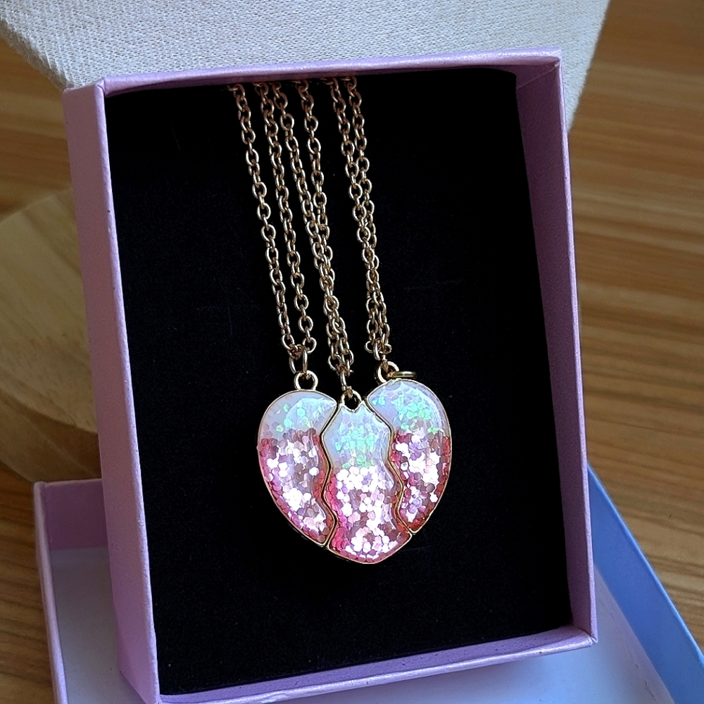 3 Best Friends Forever Trio pink glitter heart 3 pk necklaces School Bestie Gift